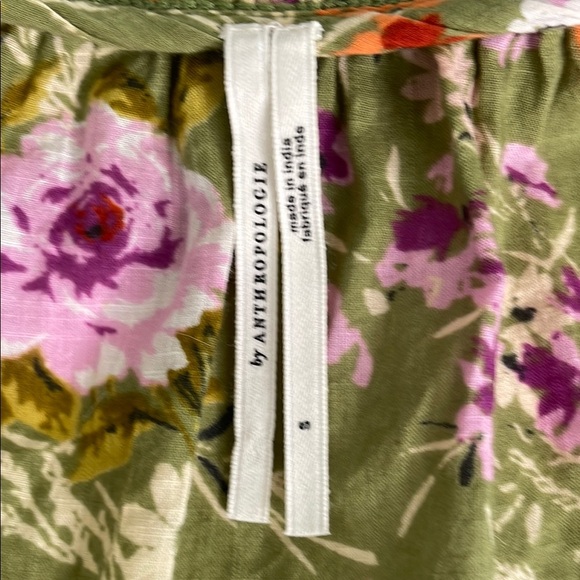 Anthropologie Gorgeous Green Floral Blouse with Tie Front, Ruffles, Bell Cuffs - Picture 6 of 9